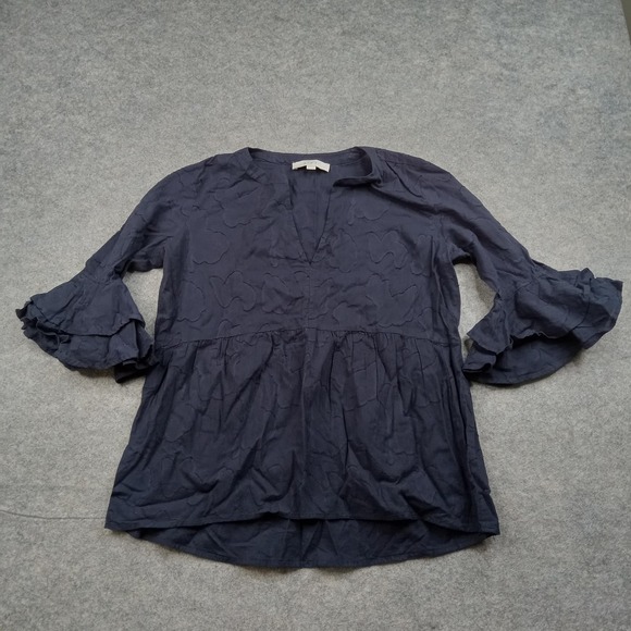 LOFT Tops - LOFT Blouse Womens Small Navy Blue Ruffle Bell Sleeve Peplum Cotton Boho Top